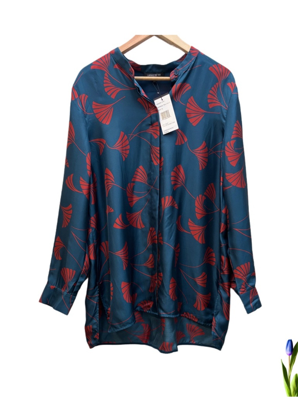 Lafayette 148 New York Teal and Red Printed Satin Blouse